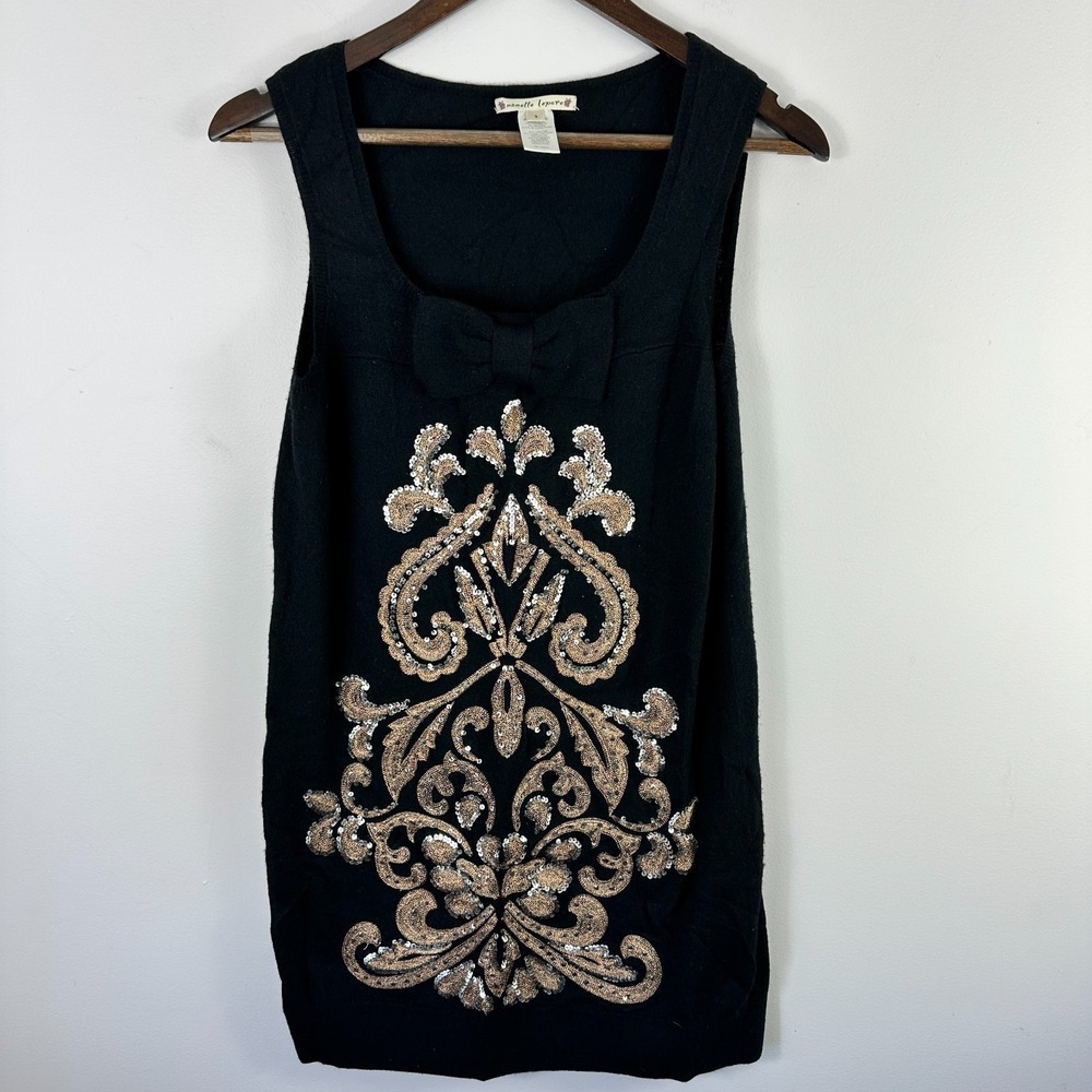 Vtg Y2K Nanette Lepore Sequin Mini Dress Womens Small Black Bow Showgirl Glam